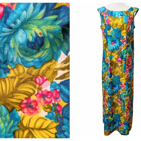 Vintage South Seas Womens Sz L? Bright Floral Aloha Sleeveless Cotton Maxi Dress - Picture 1 of 11